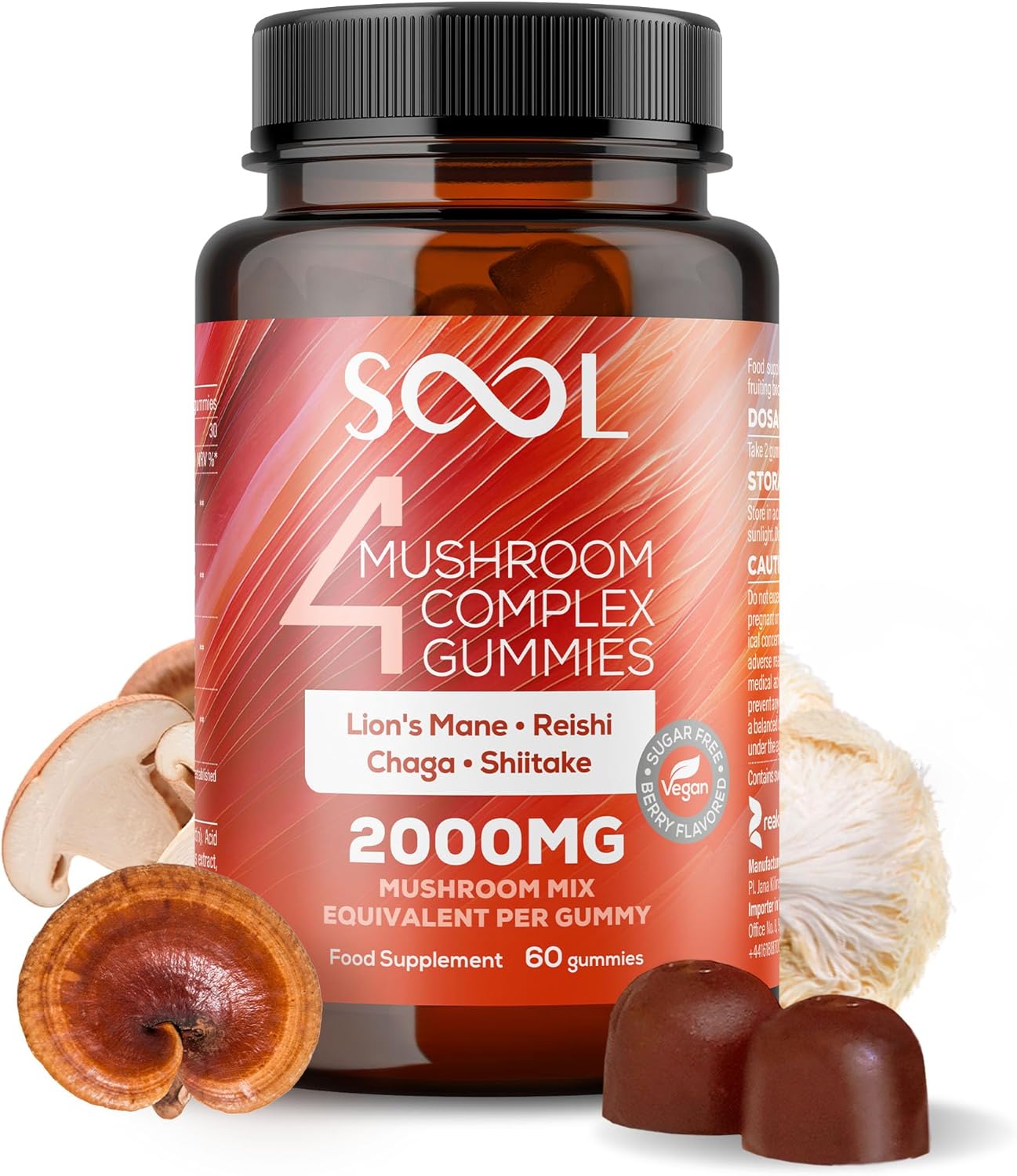 SOOL 4 Mushroom Complex Gummies 2000mg, 60pcs, Berry Flavou